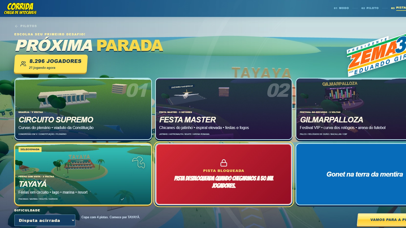 Tela de sele&ccedil;&atilde;o de pistas do jogo 