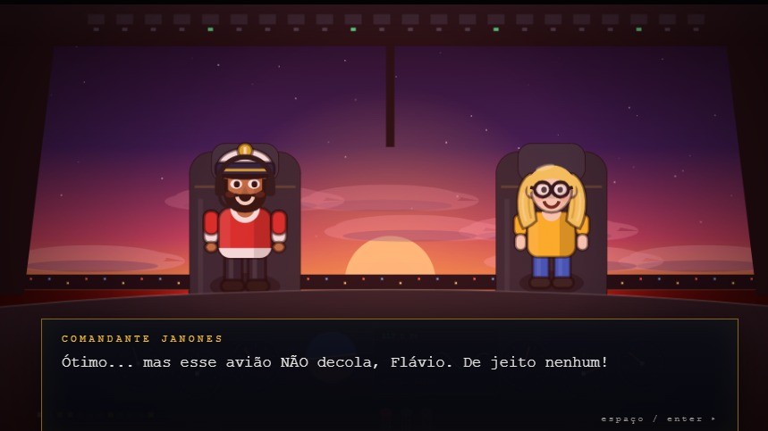 Personagens cartoon em cockpit de avi&atilde;o ao p&ocirc;r do sol. Di&aacute;logo: 'Comandante Janones: avi&atilde;o N&Atilde;O decola'