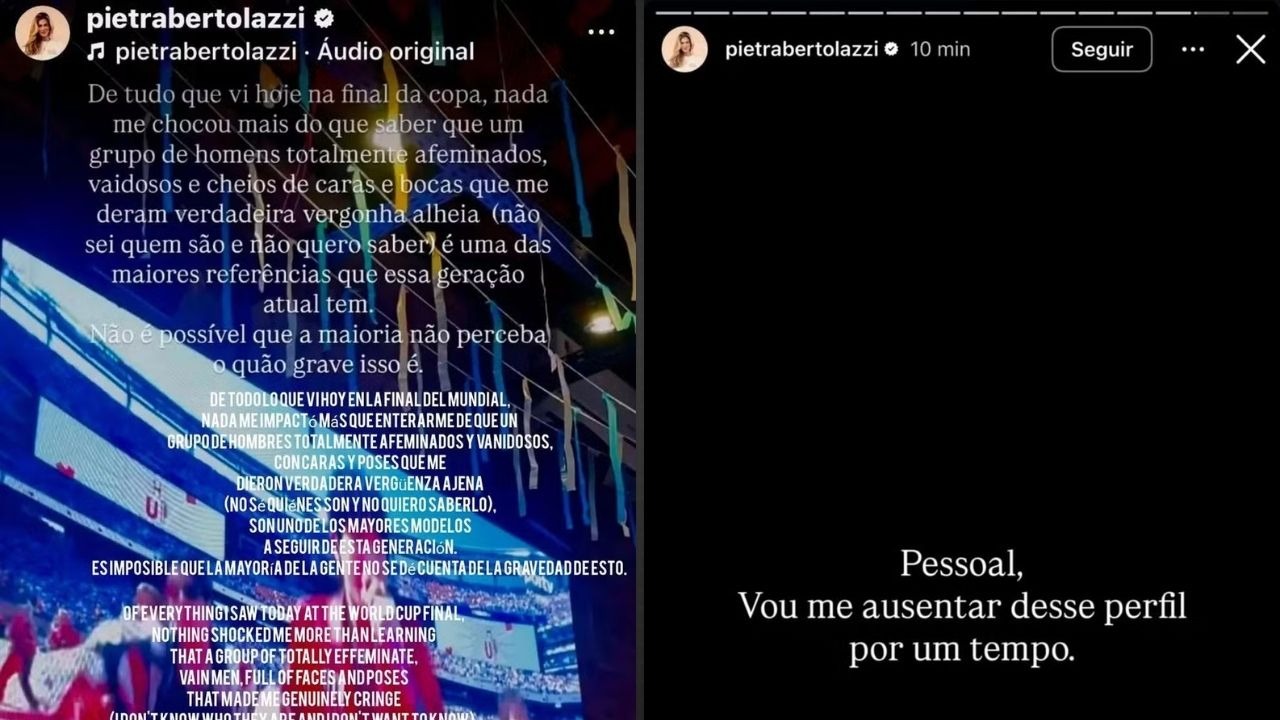 Stories de Pietra Bertolazzi: a influenciadora critica BTS em uma e anuncia seu afastamento temporário das redes sociais em outra. Duas stories de Instagram de Pietra Bertolazzi. A primeira critica homens, a segunda anuncia afastamento.