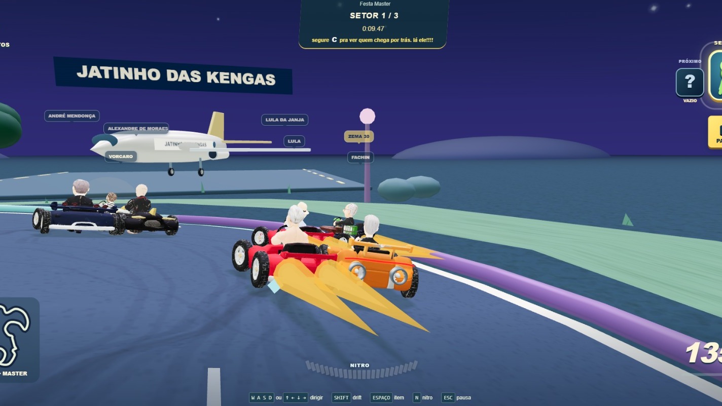 Karts de personagens pol&iacute;ticos, 'Zema 30', 'Lula', 'Fachin', correm com 'Jatinho das Kengas' no jogo