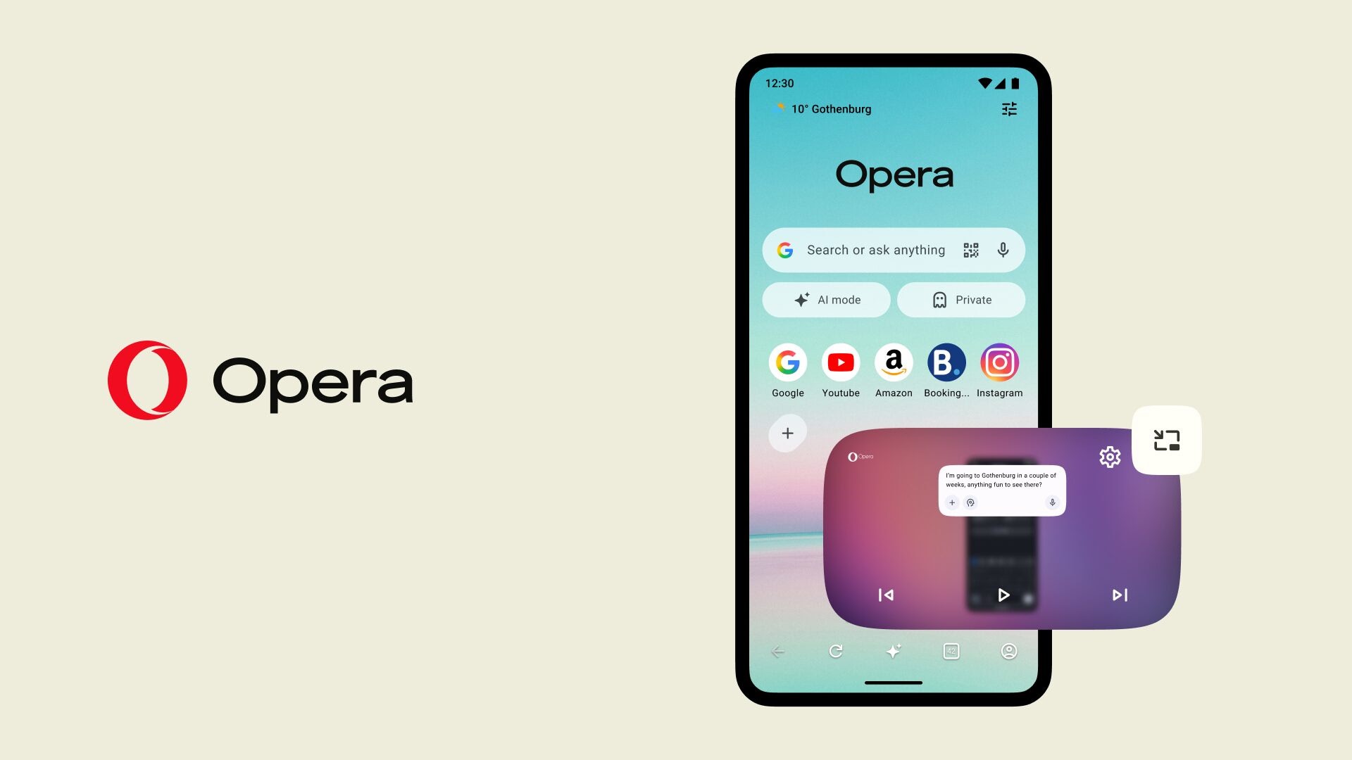 Logotipo Opera ao lado de um celular com navegador Opera e janela flutuante de vídeo