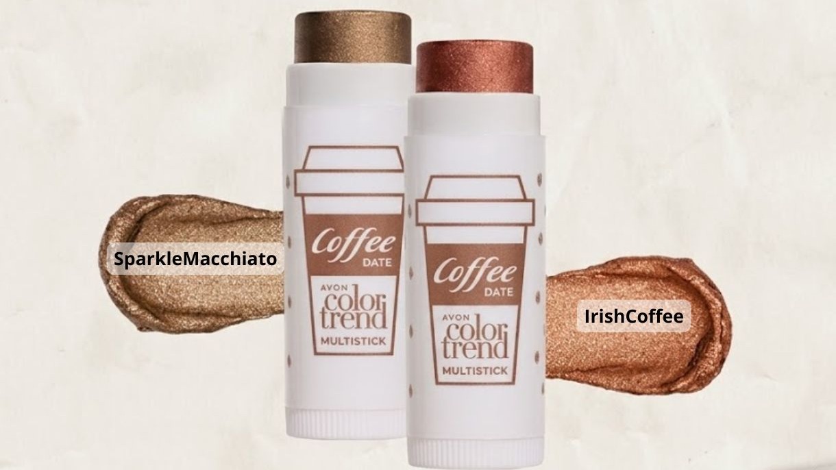 Dois multisticks Avon Color Trend Coffee Date, Sparkle Macchiato e Irish Coffee, com swatches