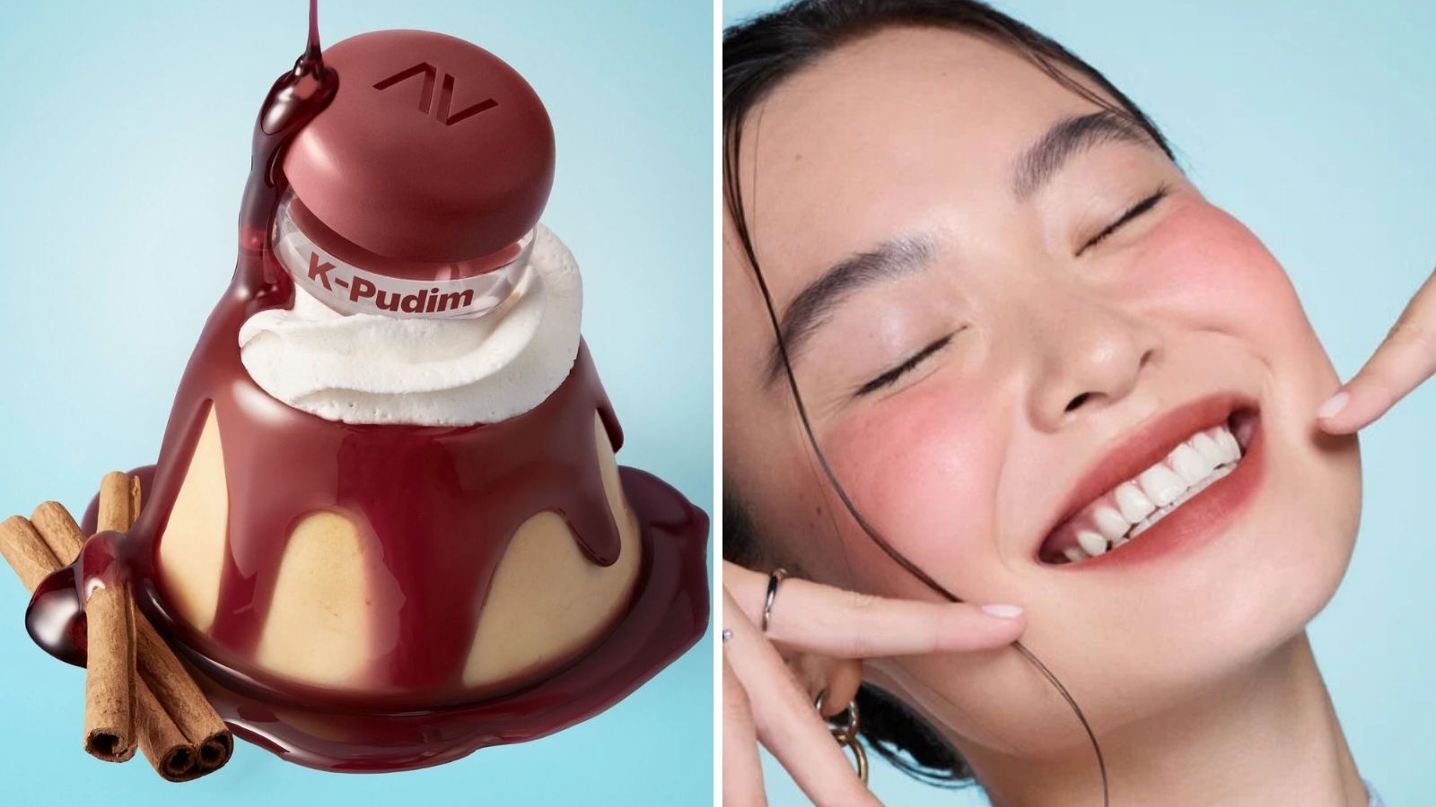 Pote de maquiagem K-Pudim decorado como pudim e mulher sorrindo com blush nas bochechas