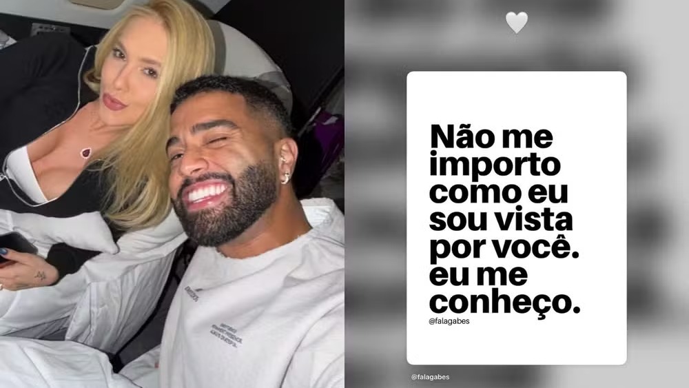 Hebert Gomes publicou esta indireta nos stories em meio à polêmica com Margareth Serrão. Selfie de Hebert Gomes e mulher loira; ao lado, caixa de texto com frase em português