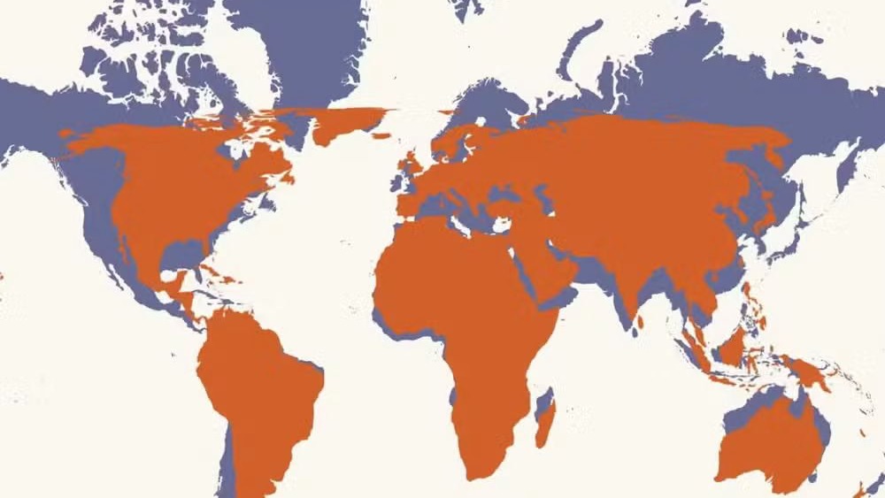 Mapa-múndi com continentes em tons de laranja e roxo, e oceanos em creme claro