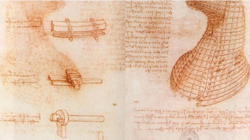 Desenhos t&eacute;cnicos de estruturas e texto em vermelho em uma p&aacute;gina de manuscrito antigo