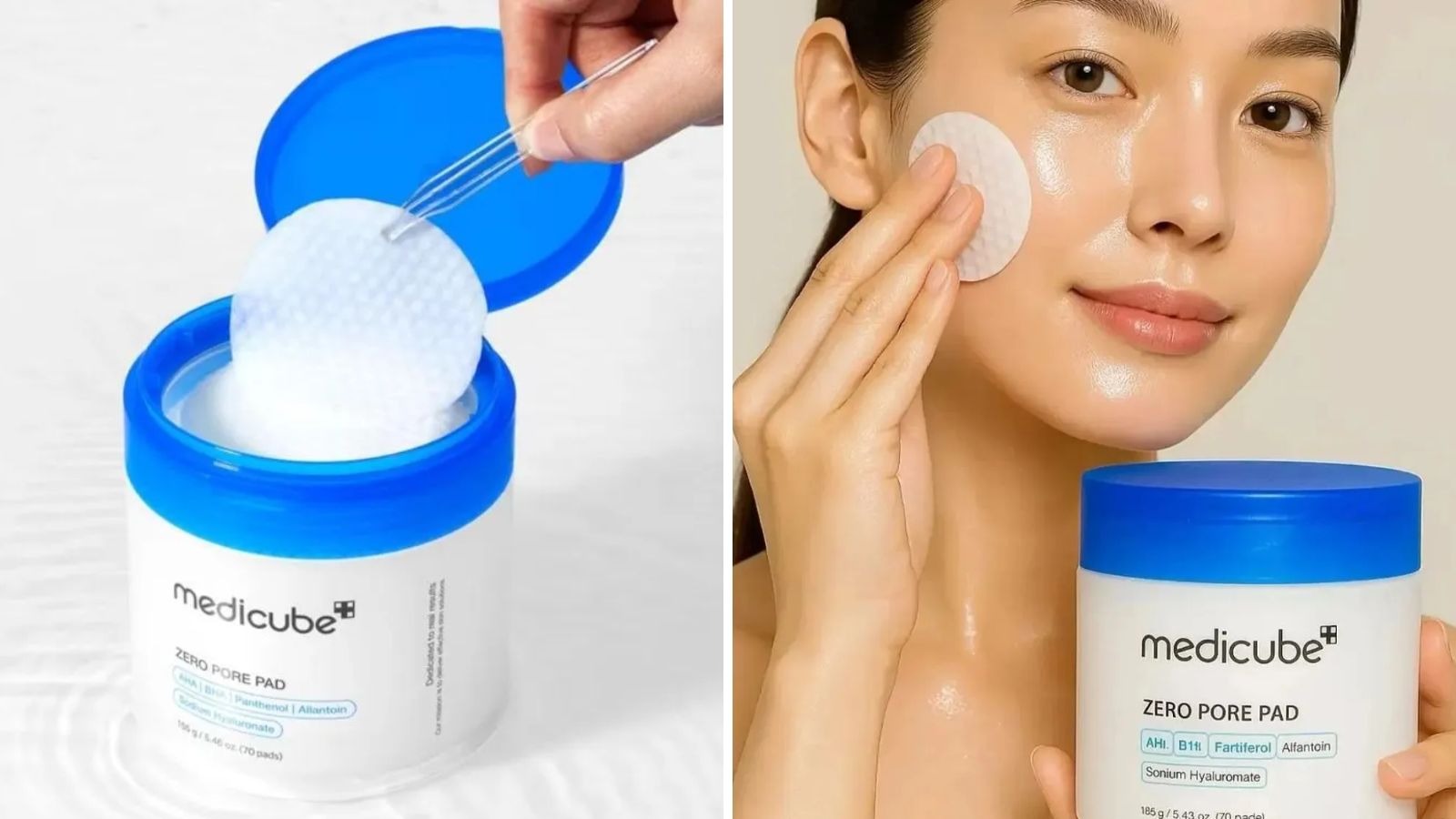 Pote Medicube Zero Pore Pad, m&atilde;o pegando disco e mulher aplicando pad no rosto
