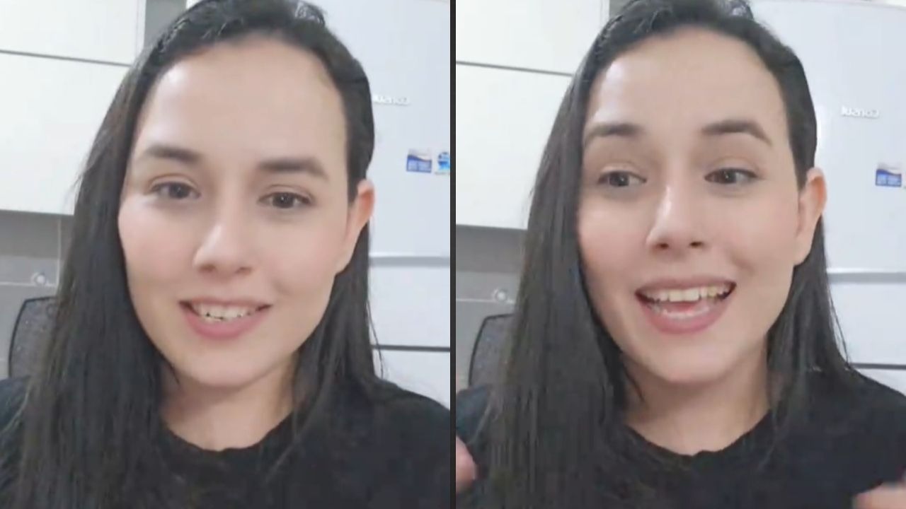 Kaline Macedo, cuja história de traição e reconstrução emocional viralizou, em momento de seu relato sobre o ocorrido. Mulher de cabelos escuros e sorriso aberto, em duas fotos lado a lado no mesmo ambiente