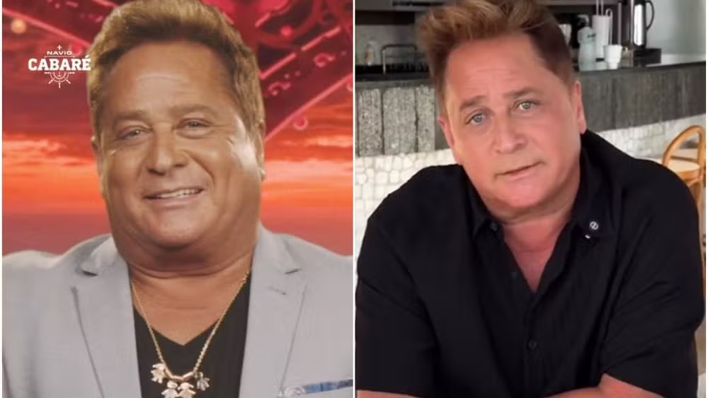 Leonardo mostra a mudança física destacada após dieta e período sem álcool. Imagem comparativa do cantor Leonardo antes e depois da dieta, com texto "Navio Cabaré"