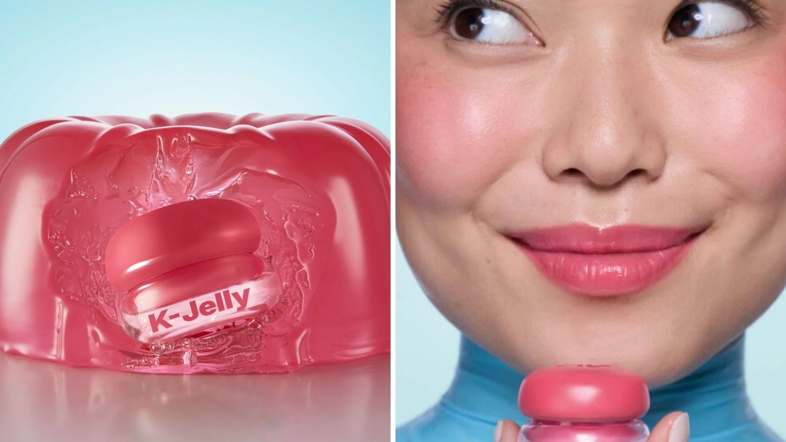 Produto K-Jelly rosa dentro de uma gelatina rosa e mulher segurando o K-Jelly com maquiagem rosa