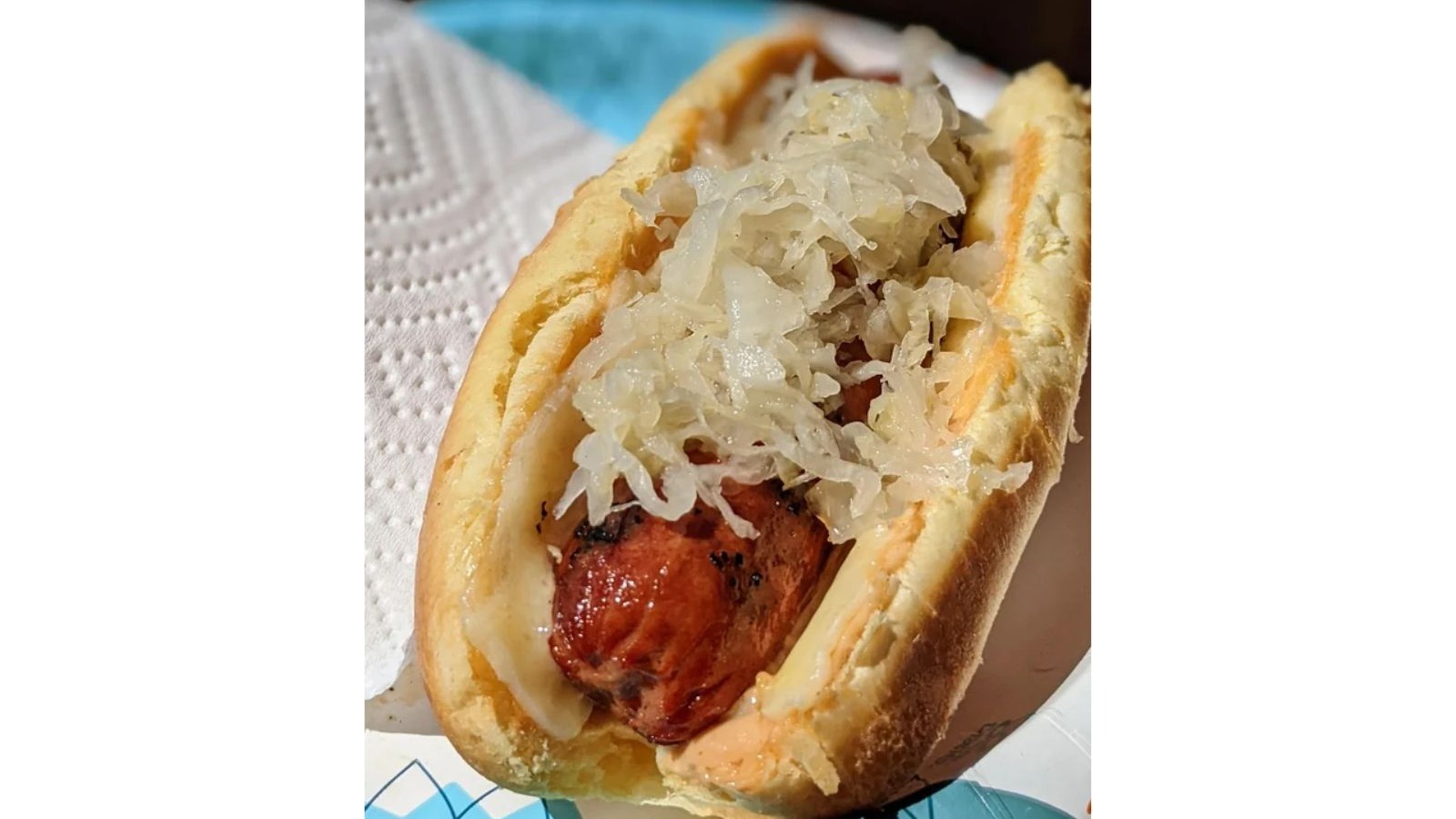 O chucrute é um diferencial do cachorro-quente na Região Sul do Brasil, revelando a influência da colonização alemã na gastronomia local Cachorro-quente com salsicha, chucrute e molho em pão, sobre guardanapo e prato