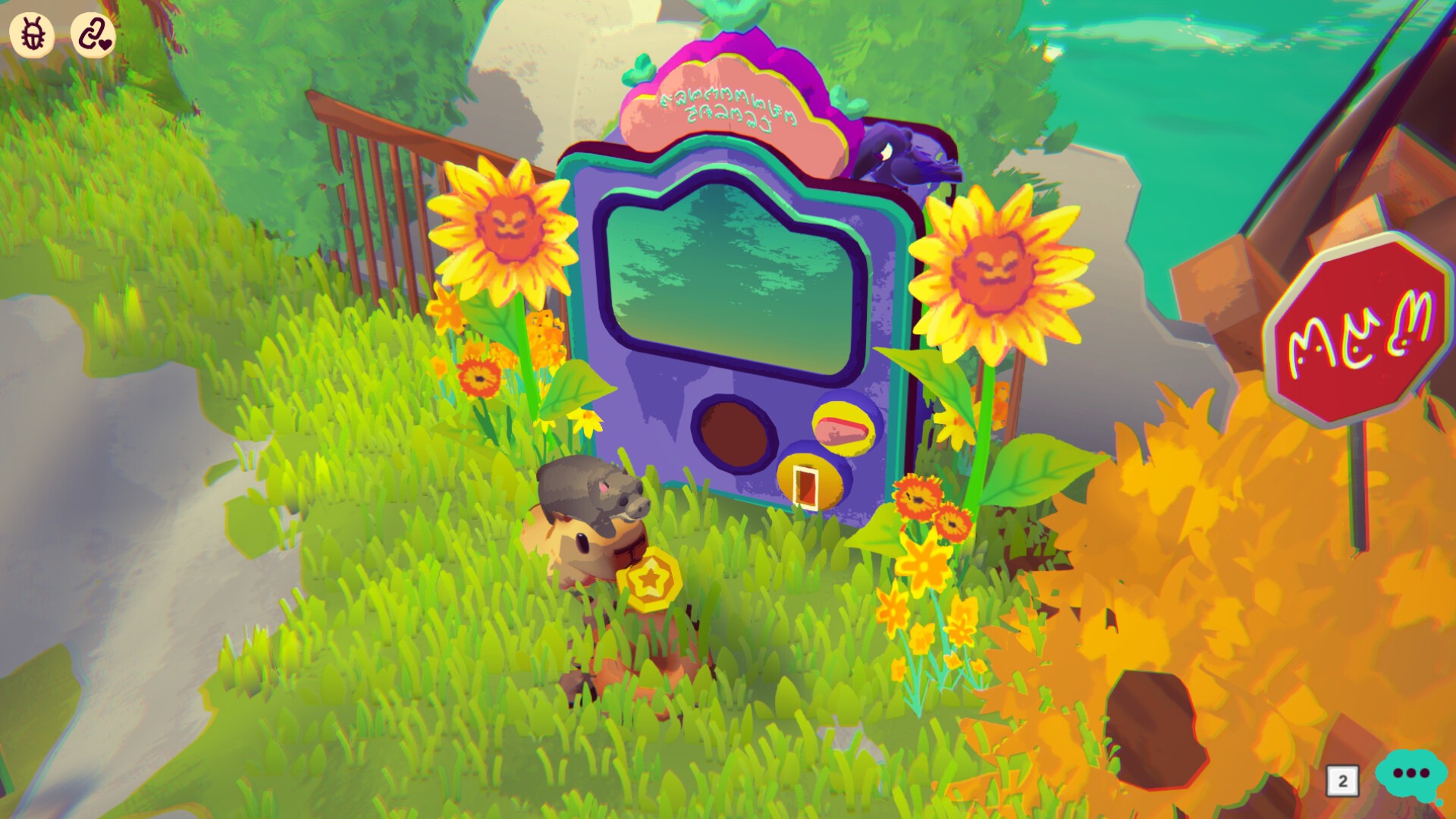 No game "Capy Castaway", a capivara protagonista Capy explora um mundo vibrante e cheio de detalhes Personagem capivara do jogo Capy Castaway em cenário colorido com máquina de fliperama e flores