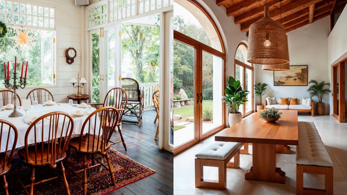 Duas salas de jantar com mesas, cadeiras/bancos de madeira, grandes janelas e plantas.