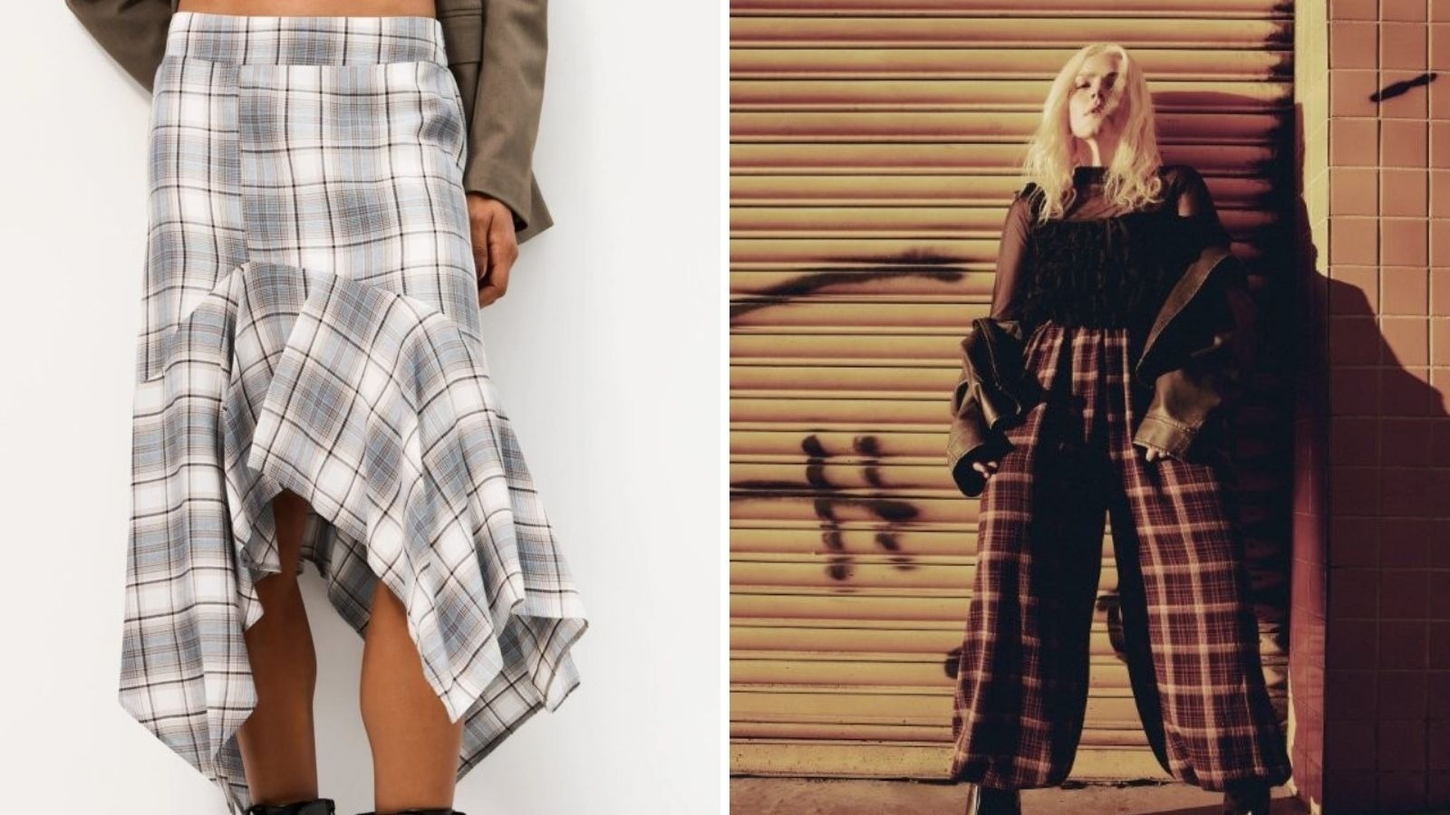 Duas mulheres exibem looks com estampas xadrez, uma saia e uma cal&ccedil;a