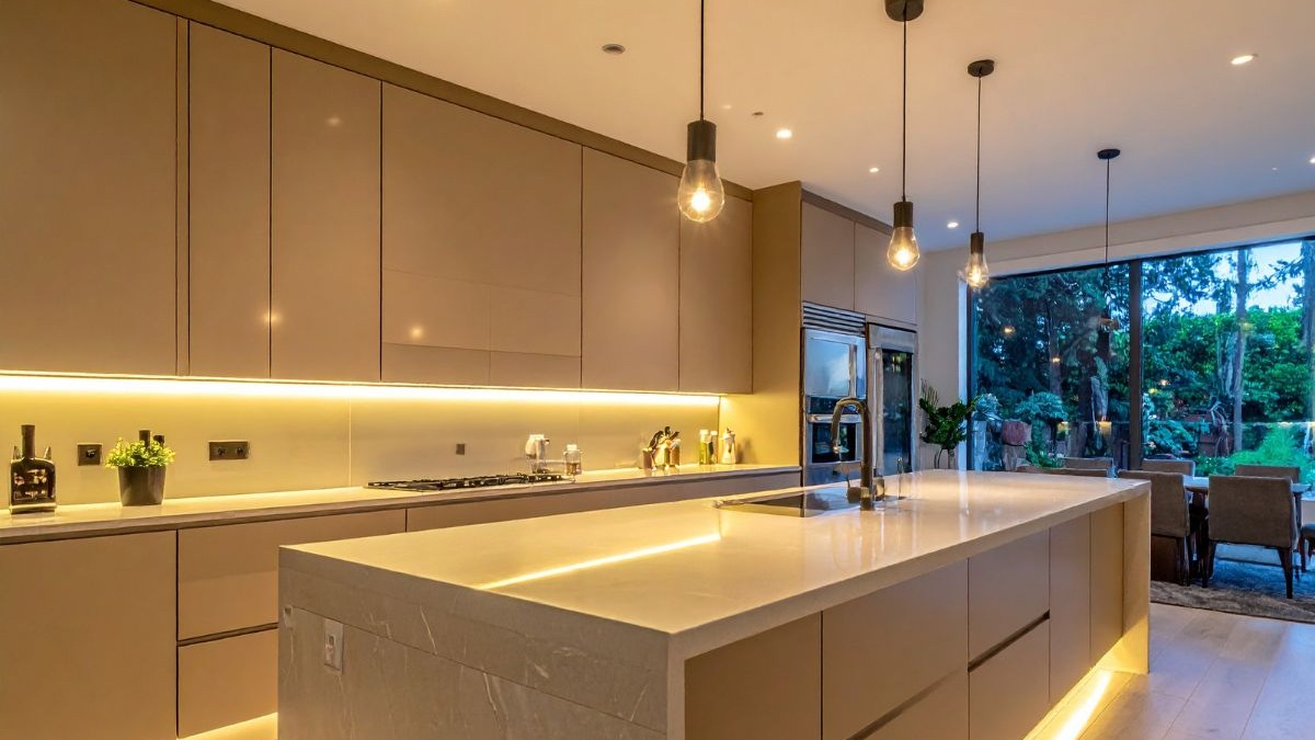 Cozinha moderna integrada com ilha central, arm&aacute;rios beges, bancadas claras, pendentes e grandes janelas.