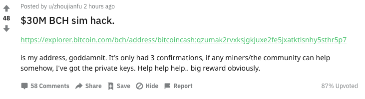 大鯨魚在 Reddit 上貼文求助,他價值 3000 萬美元的 BCH 因為Sim Swap 手法遭到駭客洗劫一空