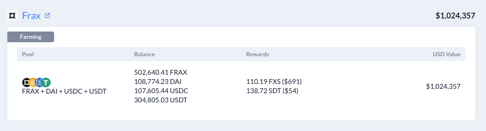 Frax 流動性挖礦案例，圖源：DeBank