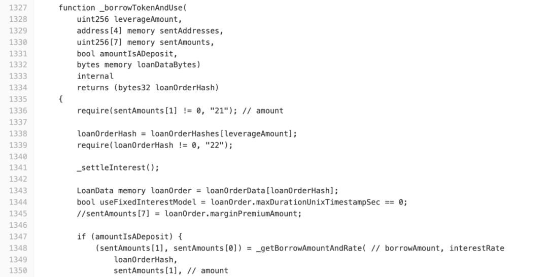 marginTradeFromDeposit( ) 調用_borrowTokenAndUse( ),此處由於是以存入的資產作槓桿交易