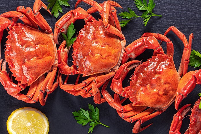 Four cooked crabs lined up on a dark surface.