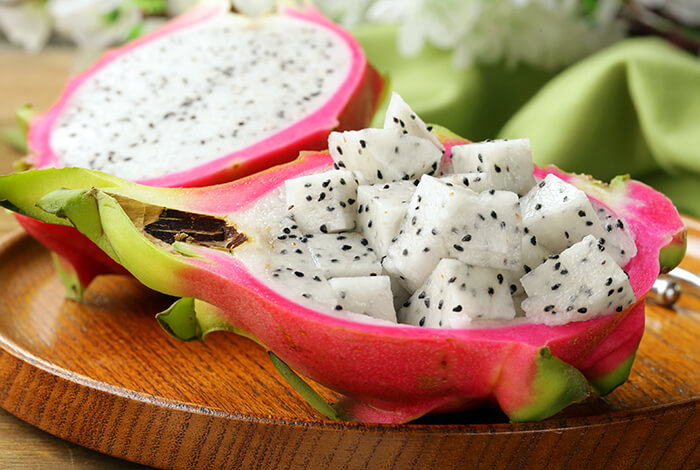 A dragonfruit cut into cubes.