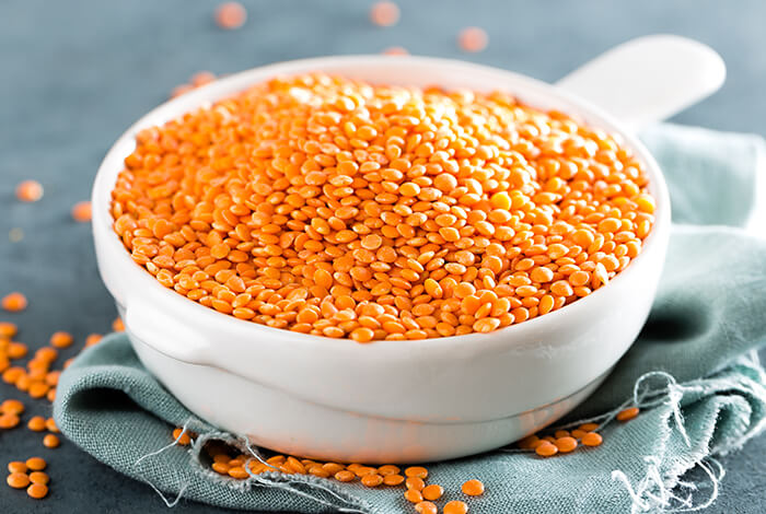 A bowl of raw lentils for dogs.