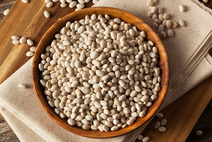 A bowl of raw navy beans.