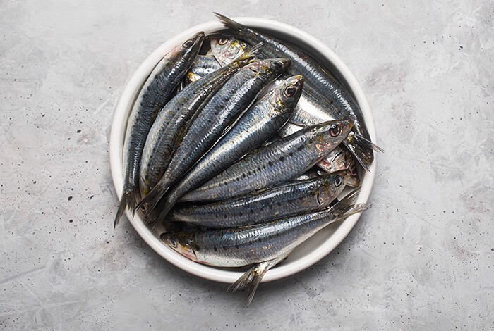 Raw sardines placed in a white bowl. 