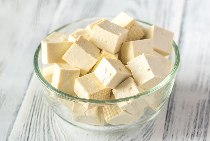 Cubed tofu in a bowl. 