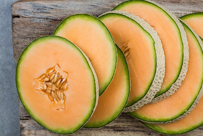 Cantaloupe sliced crosswise.