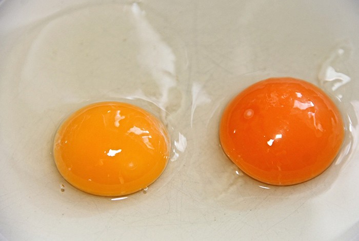 Two raw eggs on a white surface.