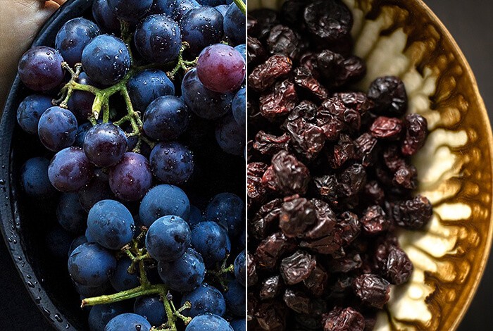 Two half pictures of a bunch of grapes and raisins.