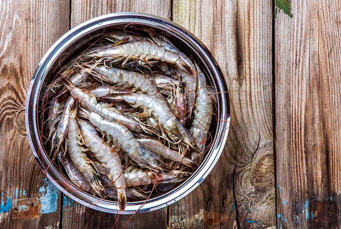 Pieces of uncooked shrimp in a steel bowl.