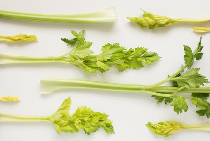 Celery leaves on a white surface.