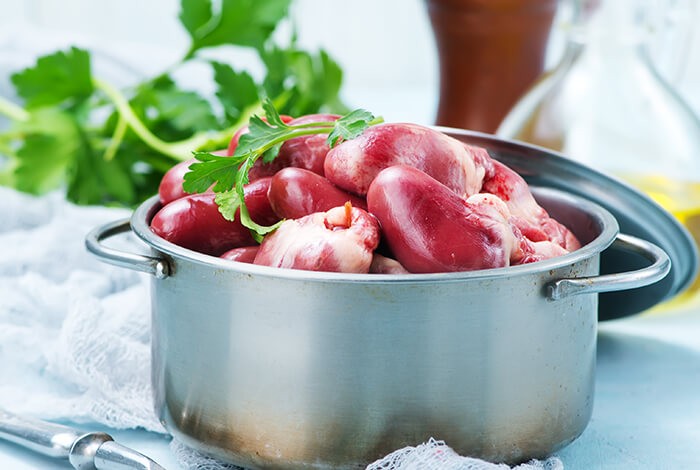 A pan full of turke giblets.