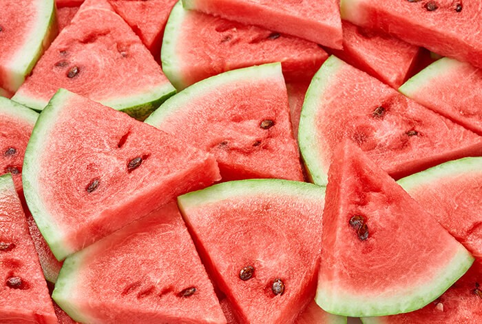 Triangle slices of red watermelons.