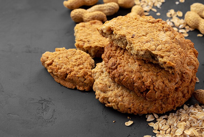 Extra-crunchy dog cookies made with peanuts and oats.