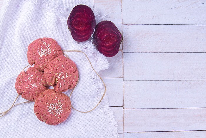 Homemade dog cookies made from beets. 