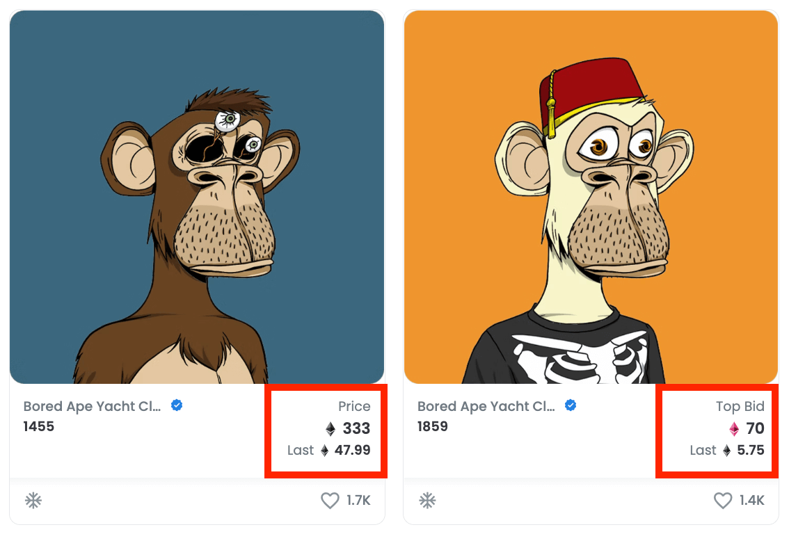 兩隻bayc猿猴圖示、price及top price