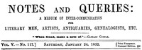 Notes and Queries, Vol. V, Number 117, January 24, 1852 by Various