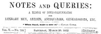 Notes and Queries, Vol. V, Number 125, March 20, 1852 by Various