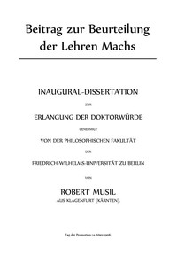 Beitrag zur Beurteilung der Lehren Machs by Robert Musil