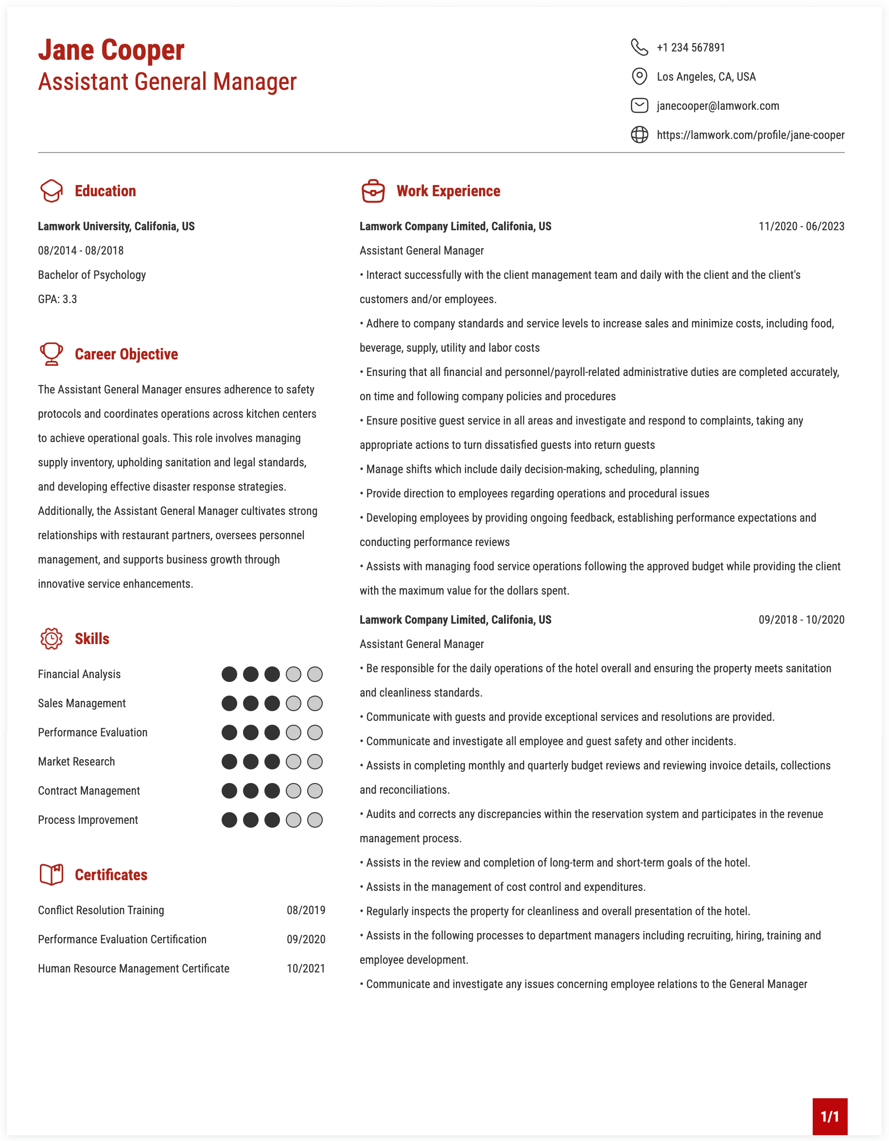 Assistant General Manager Resume Example