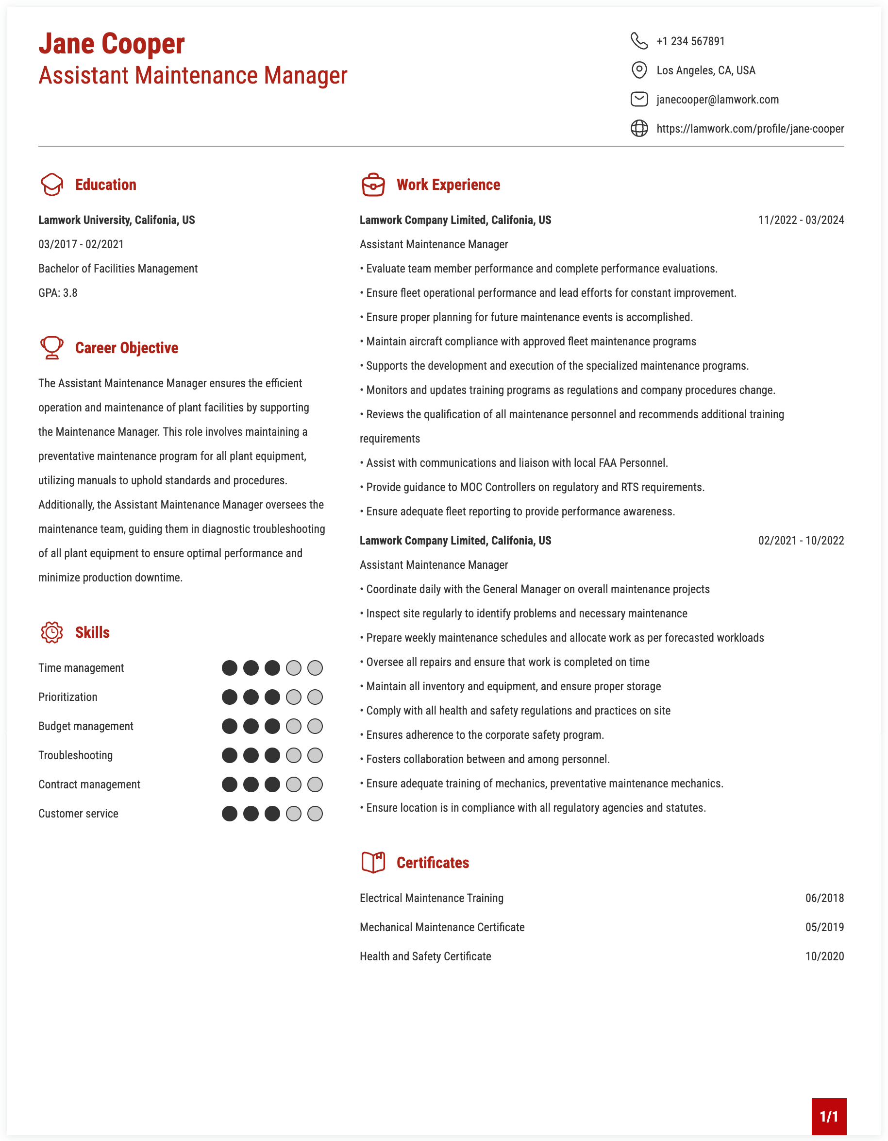 Assistant Maintenance Manager Resume Example