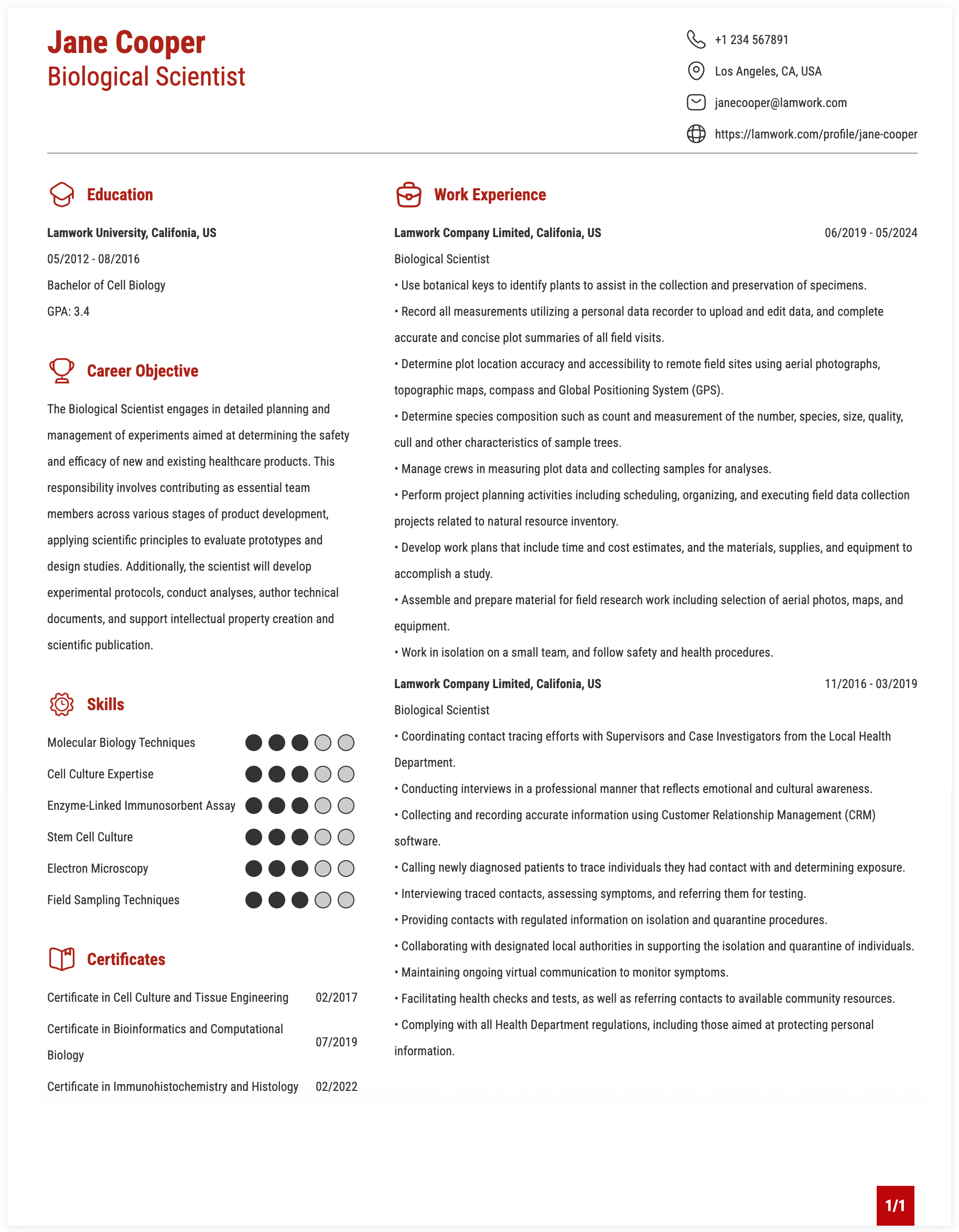 Biological Scientist Resume Example
