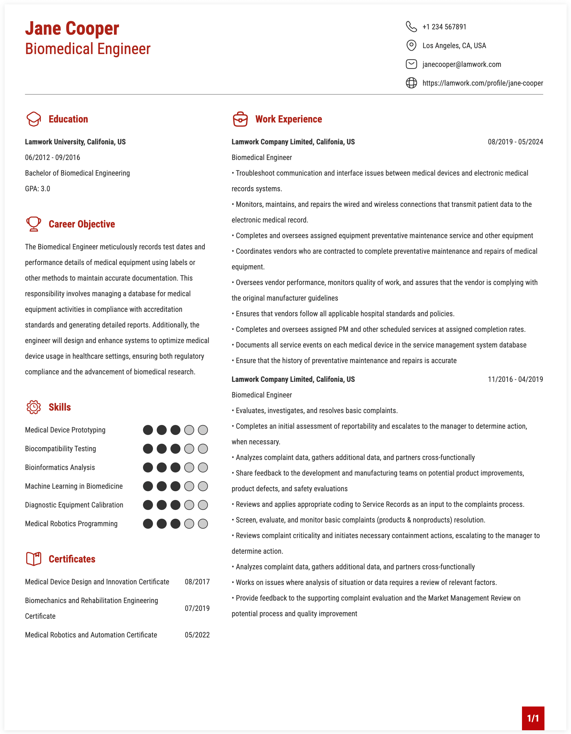 Biomedical Engineer Resume Example