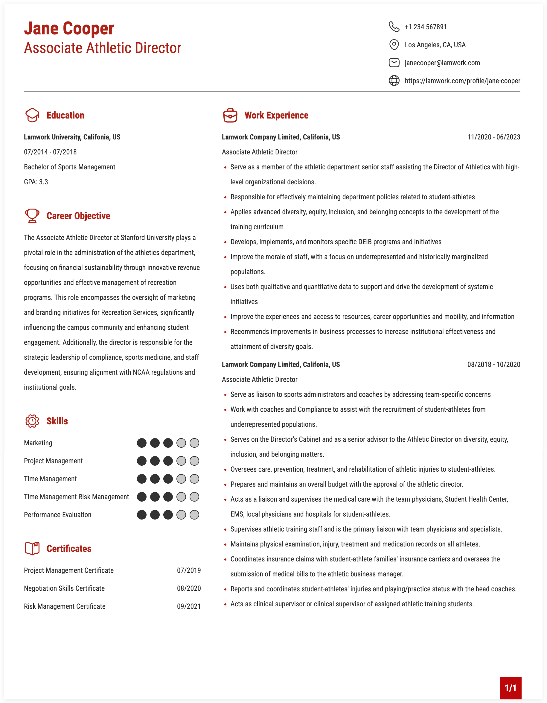 Associate Athletic Director Associate Athletic Director Resume Example