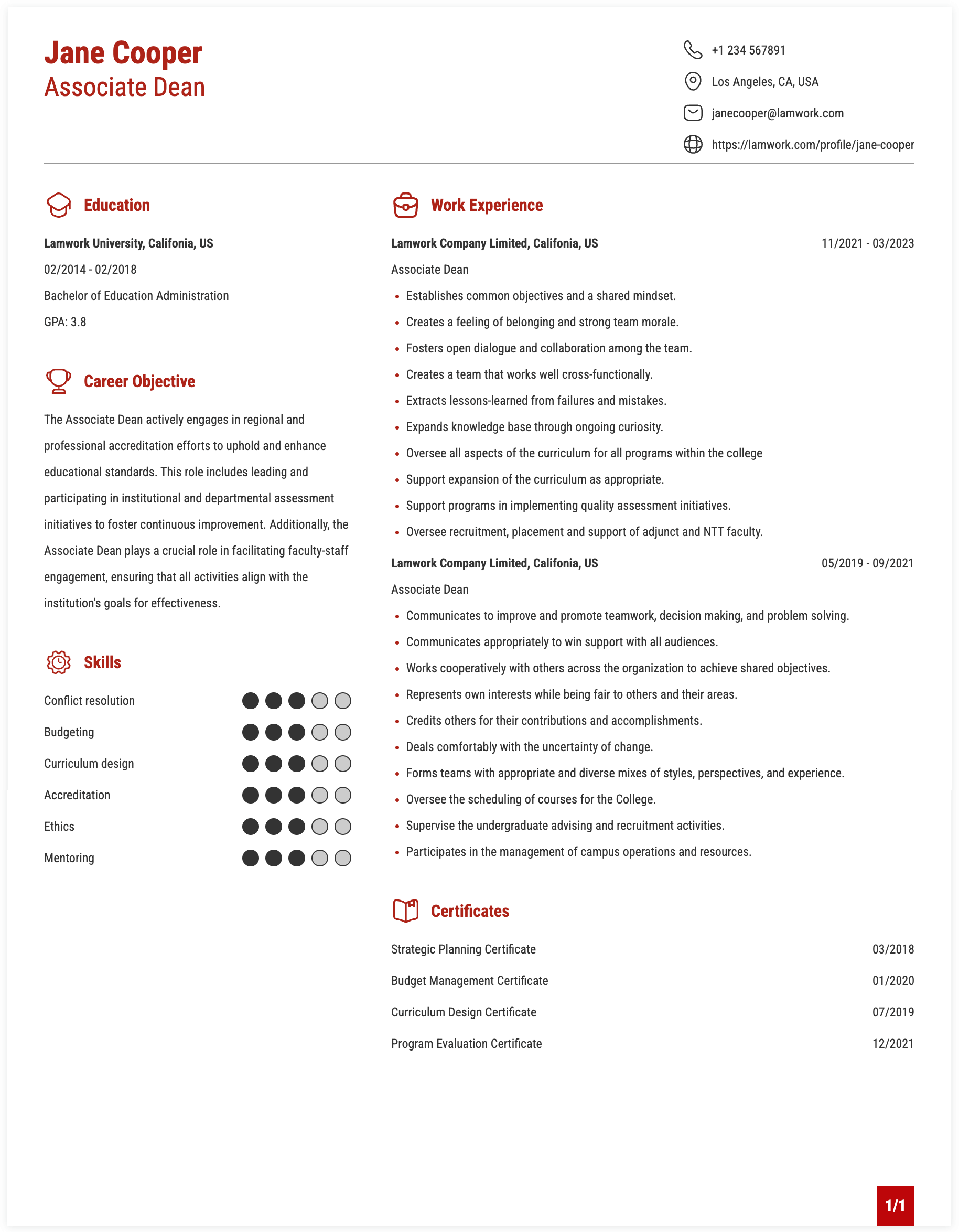 Associate Dean Resume Example
