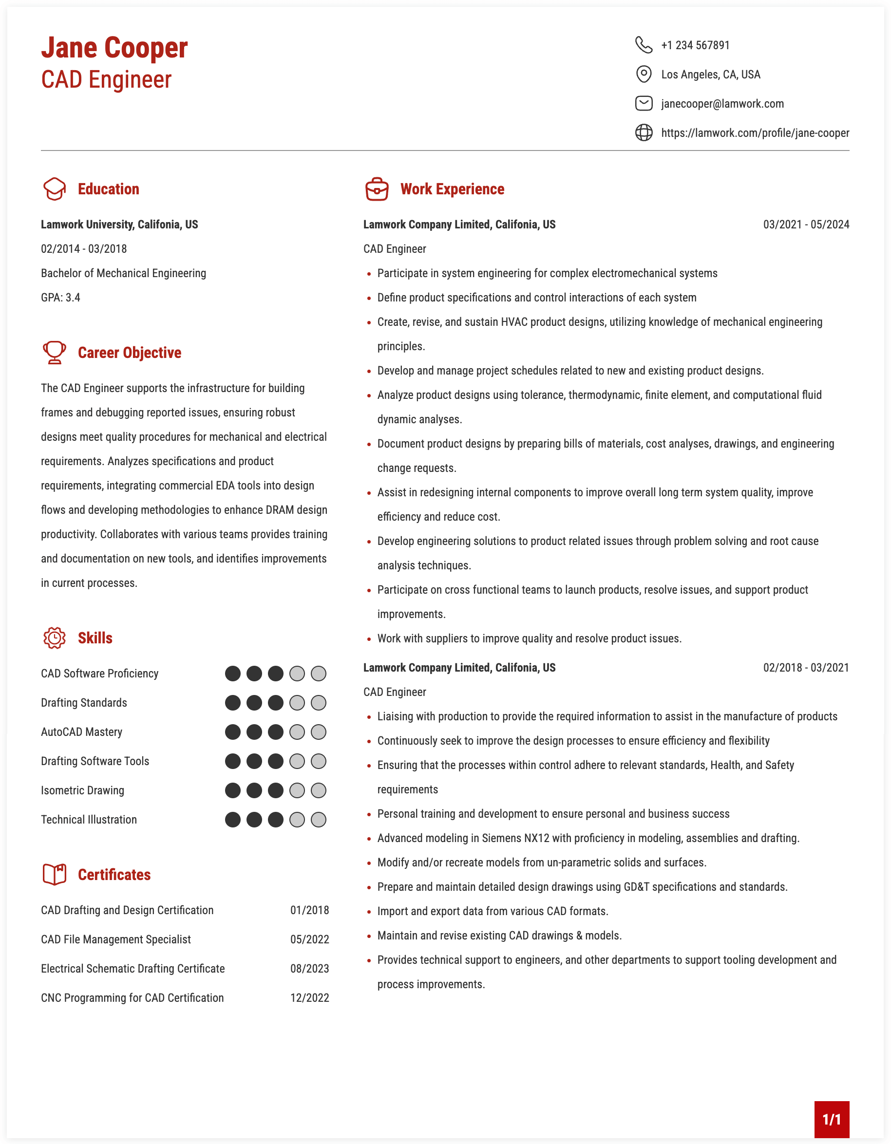 CAD Engineer Resume Example
