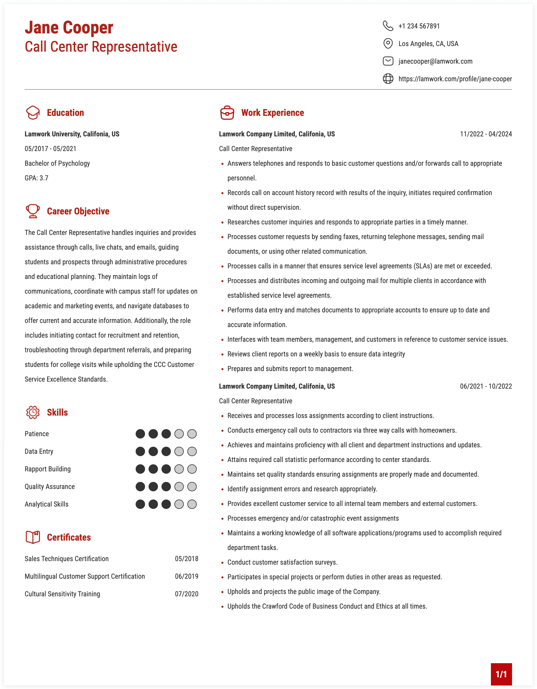 Call Center Representative Resume Example