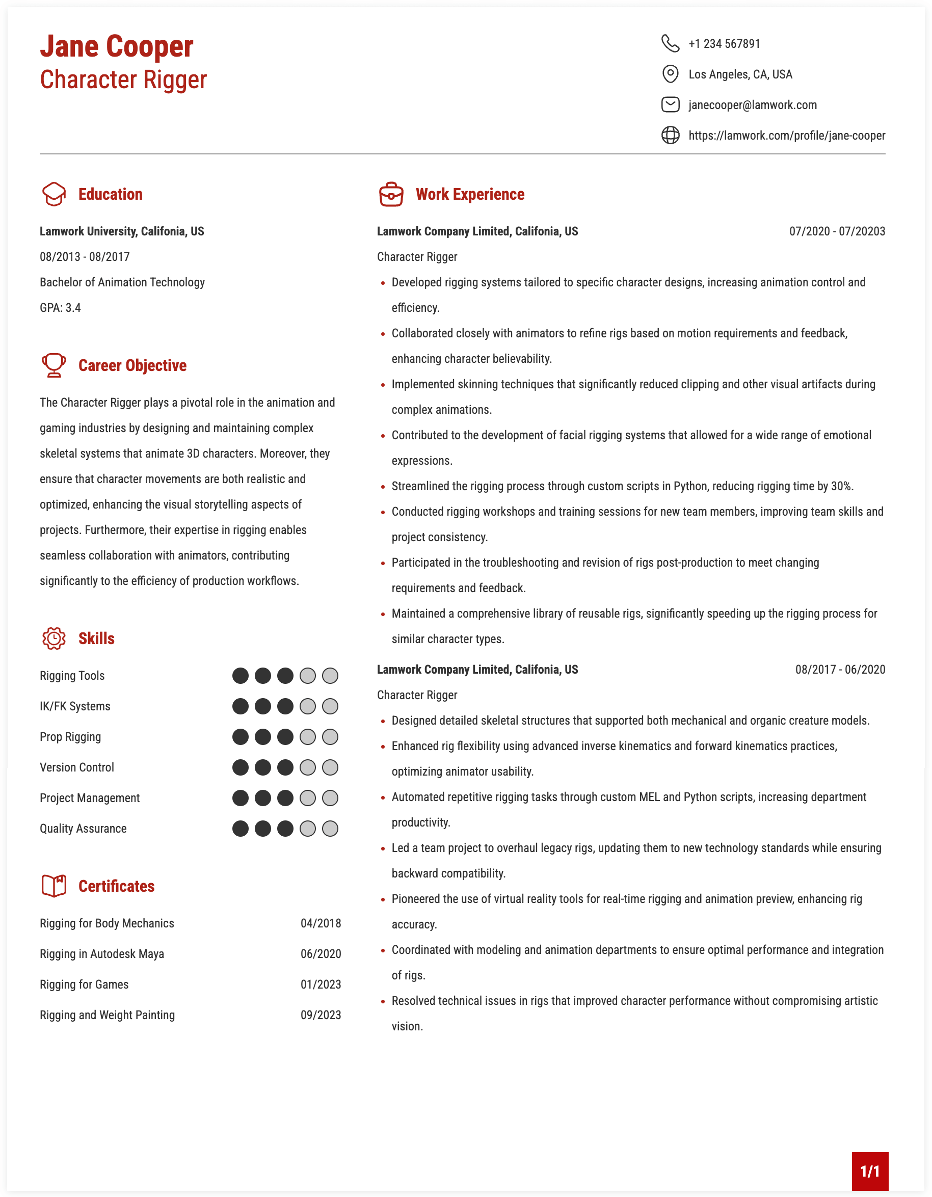 Character Rigger Resume Example